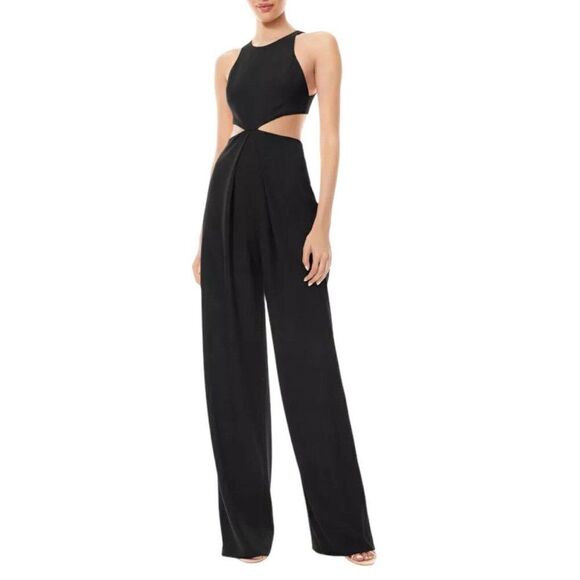 Alice Olivia Cara Jumpsuit 0 Black Cutout Crepe Pleated Sleeveless Wide Leg Fall - Picture 5 of 16
